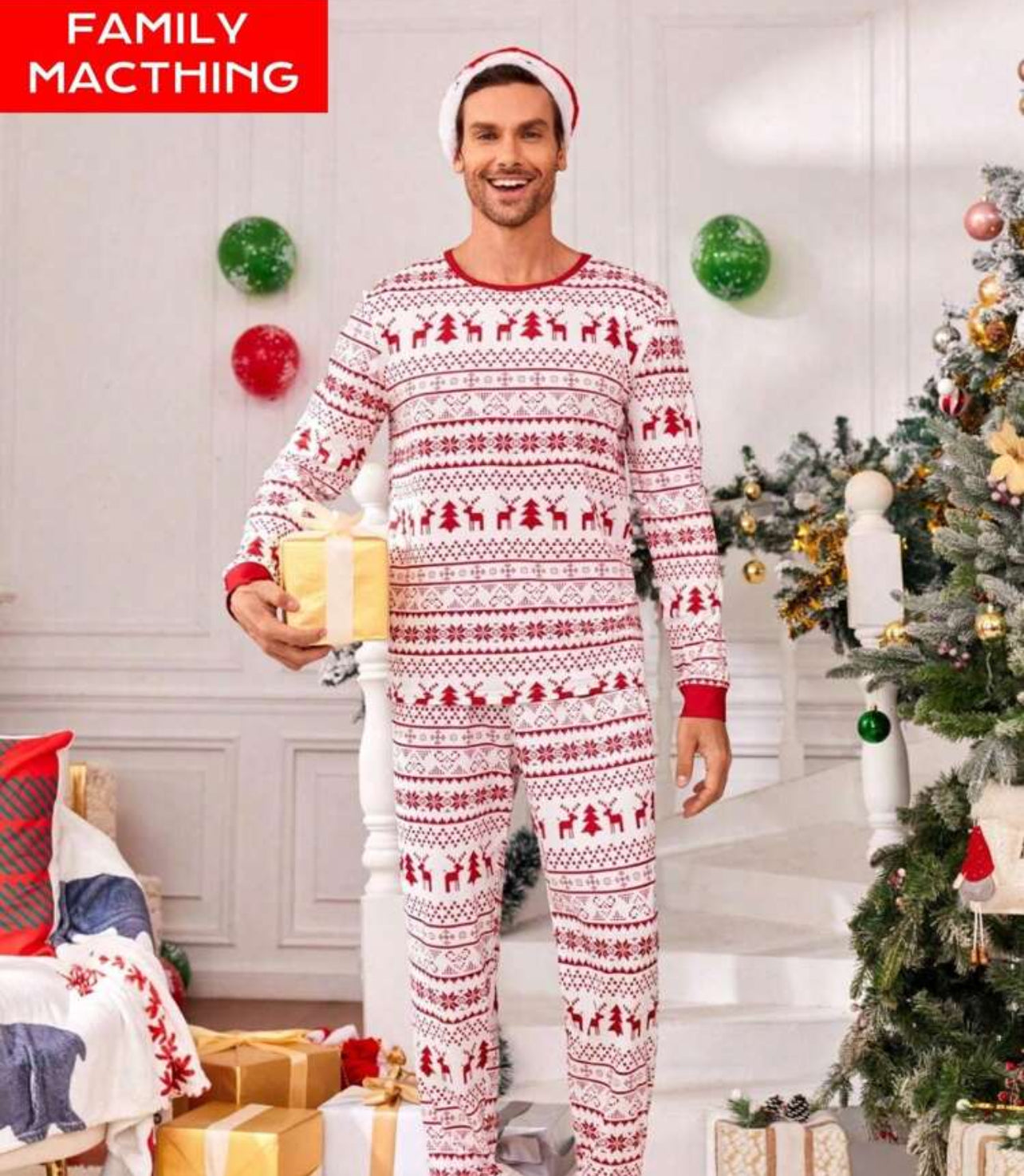 2 Pcs Men's Christmas Pajamas Set, Reindeer Fairisle Print Long Sleeve Shirt And Long Pants,