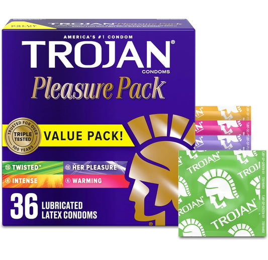 TROJAN Pleasure Pack Assorted Condoms, Lubricated Condoms Value Pack, 36 Count