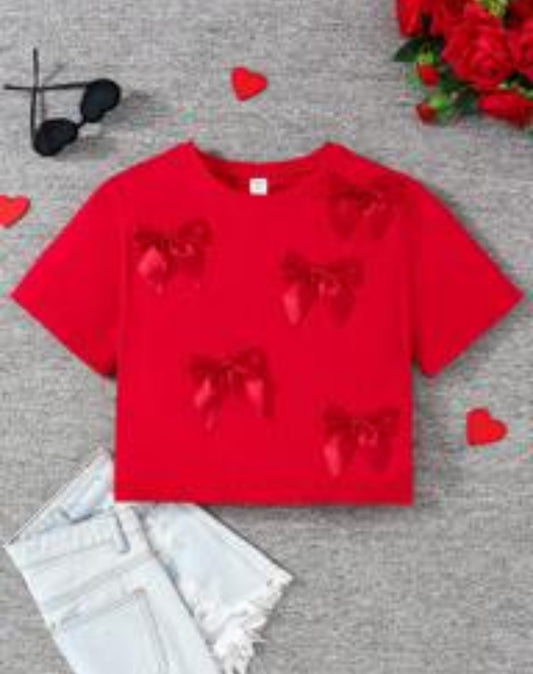 SHEIN Teen Girl Red Casual Cute Y2K Valentine's Day Butterfly Decor Round Neck Short Sleeve T-Shirt