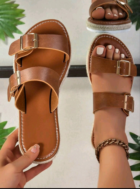 Ladies' Buckle Decorated Elegant Brown Flat Sandals