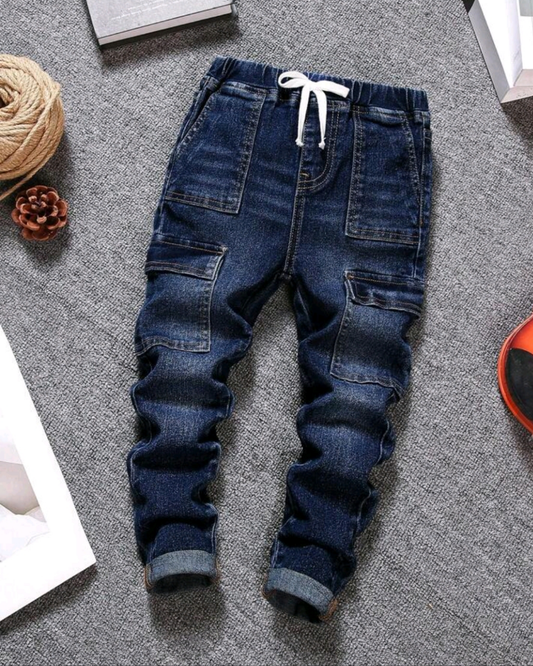 SHEIN Young Boy Fashion Casual Color Contrast Bow Embellished Blue Stretch Skinny Jeans For Dailywear And Winter Clothes