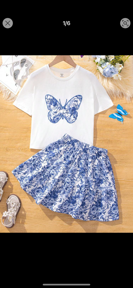 Tween Girl Butterfly Embroidered Top & Flower Printed Loose Fit Skirt 2 Piece Set