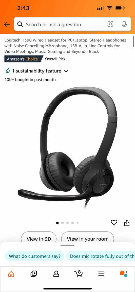 Logitech H390 Wired Headset for PC/Laptop, Stereo Headphones with Noise Cancelling Microphone, USB-A, in-Line Controls for Video Meetings, Music, Gaming and Beyond - Black