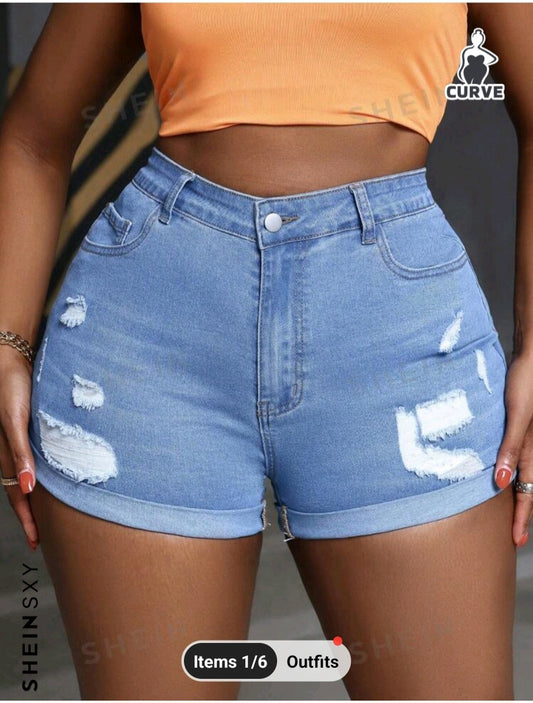 SHEIN SXY Plus Size Tight Elastic Distressed Frayed Denim Shorts For Summer