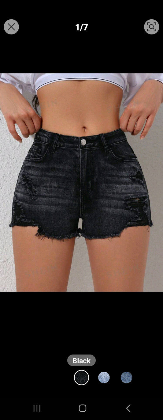 Ladies' Front Button Multiple Pockets Frayed Hem Denim Shorts