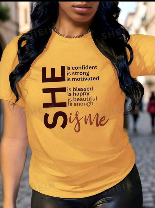 Slogan Printed Women's Round Neck Casual Short Sleeve T-Shirt, Suitable For Summer SHE Is Confident Is Strong Is Motivated Is Happy Is Beautiful Is Enough Is Me