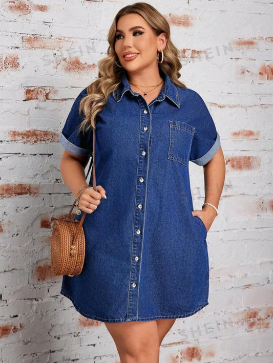 LUNE Plus Size Vacation Casual Front Button Denim Dress