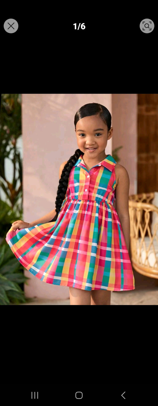 Young Girl Casual Colorful Plaid Sleeveless Shirt Collar Button-Front Dress