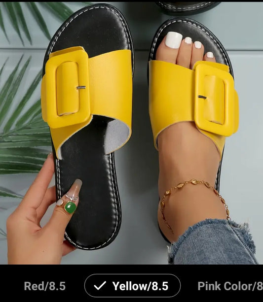 Women's Buckle Design Slide Shoes, Casual Open Toe Summer Flat Shoes, Outdoor Beach Slide Sandals