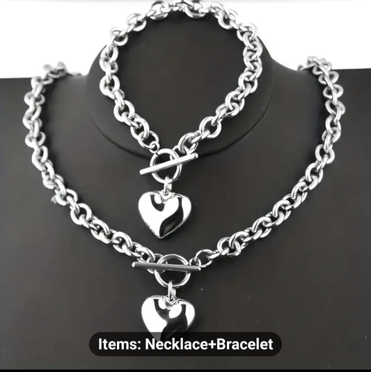 Sweet and fashionable heart-shaped pendant stainless steel women's bracelet necklace set