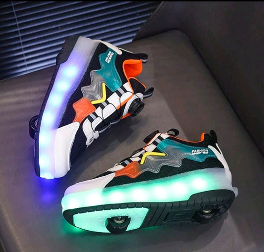 LED Light Up Roller Shoes For Children With Rechargeable Batteries, Knitted Mesh Multicolored Casual Sports Shoes With Buttons, USB Charging Skate Sneakers For Boys And Girls, Toddlers, And Big Kids, Popular Dad And Street Dance Shoes