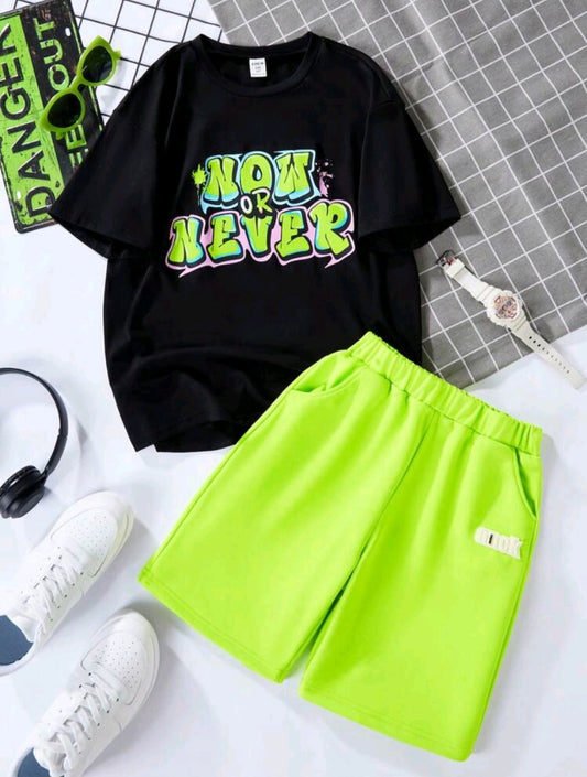 Tween Boy Letter Print Short Sleeve T-Shirt And Shorts 2pcs Summer Outfits