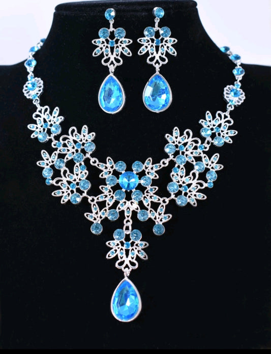 1pc Necklace & 1pair Earrings Luxury Glass Gemstone White Teardrop Bridal Necklace Set