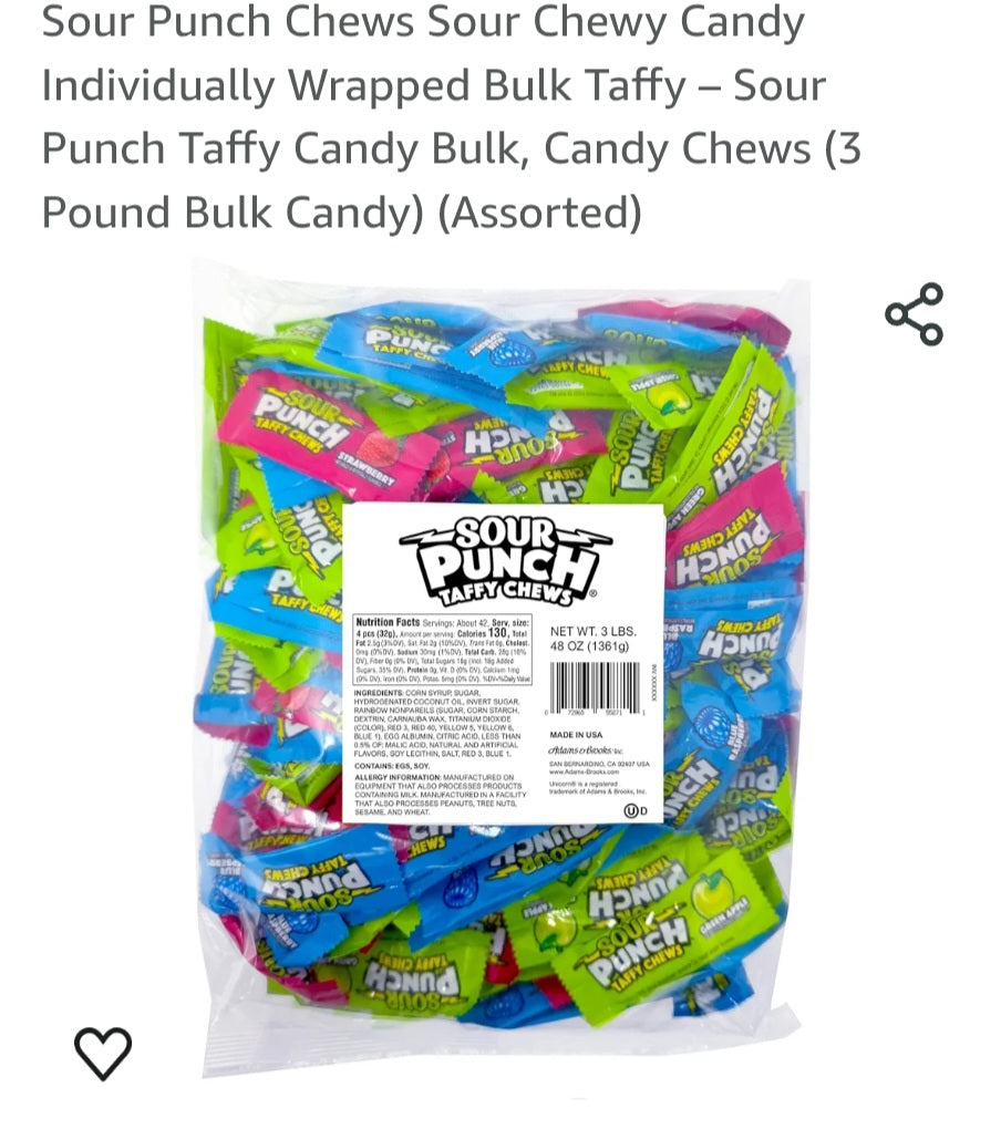 Sour Punch Chews Sour Chewy Candy Individually Wrapped Bulk Taffy