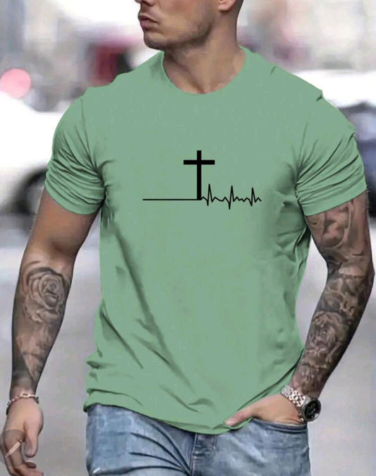 Manfinity Homme Men Summer Casual Short Sleeve T-Shirt With ECG And Cross Print