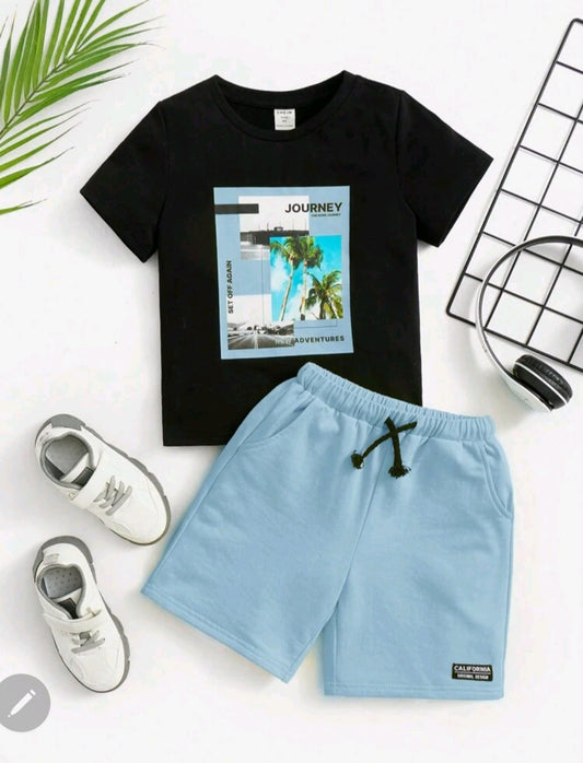 SHEIN Young Boy Street Style Casual Letter Printed Short Sleeve T-Shirt And Shorts Set