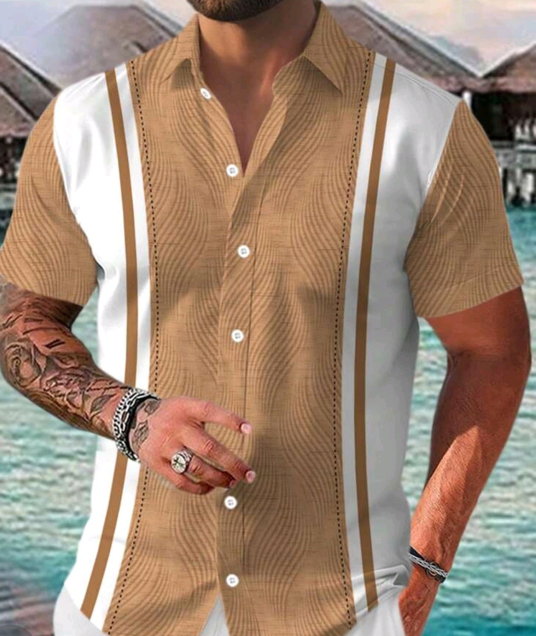 Manfinity RSRT Men's Summer Loose Striped Printed Short Sleeve Casual Shirt