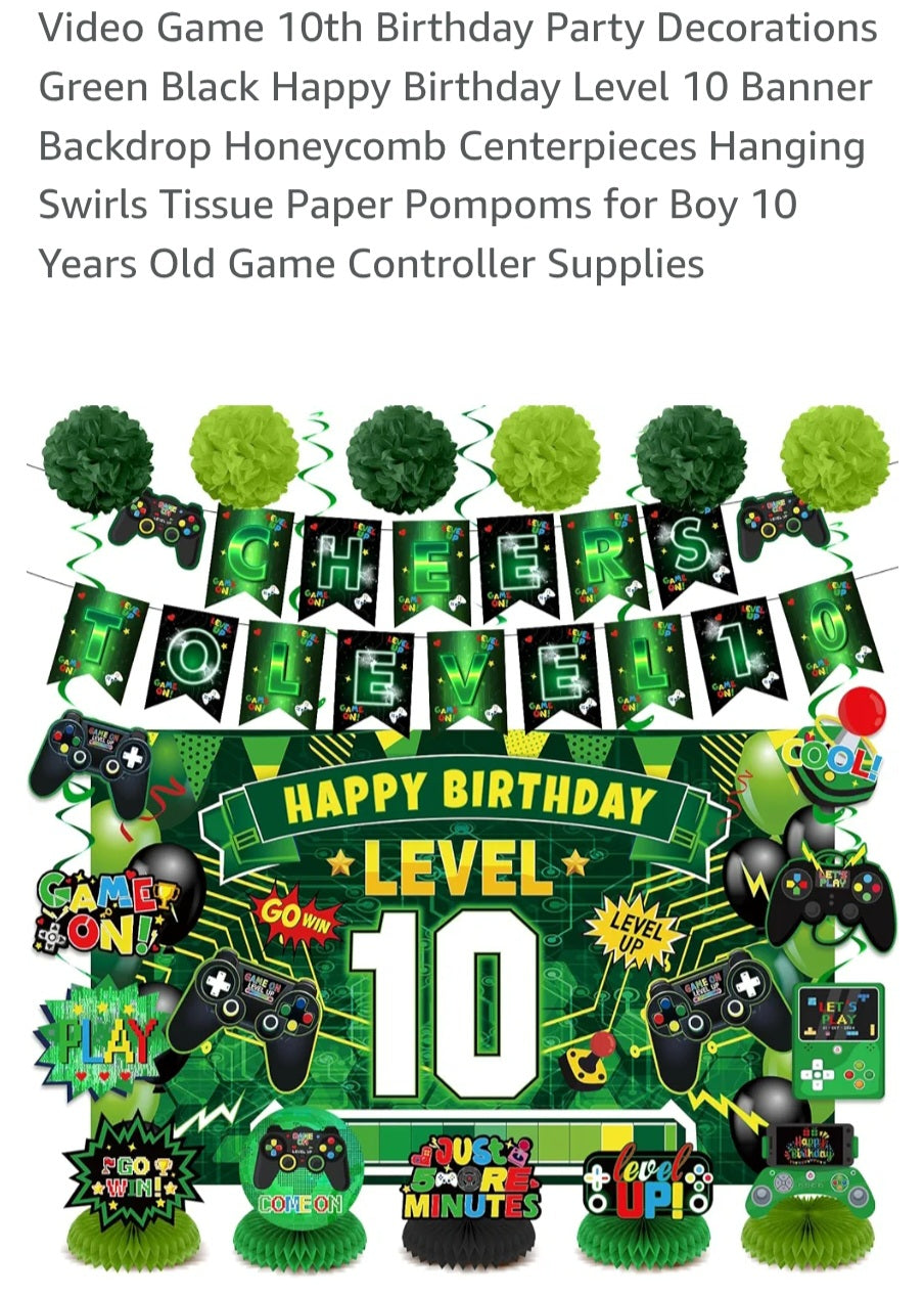 Video Game 10th Birthday Party Decorations Green Black Happy Birthday Level 10 Banner Backdrop Honeycomb Centerpieces Hanging Swirls Tissue Paper Pompoms for Boy 10 Years Old Game Controller Supplies