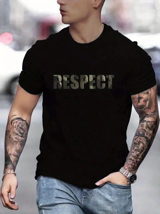 Letter RESPECT Pattern Print Men's T-shirt, Graphic Tee Men's Summer Clothes, Men's Outfits