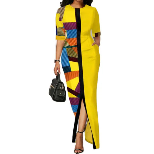 Ladies Fashion Half Sleeve Dress Women Elegant Round Collar Geometric Printing Splicing Temperament Maxi Dress - April 1